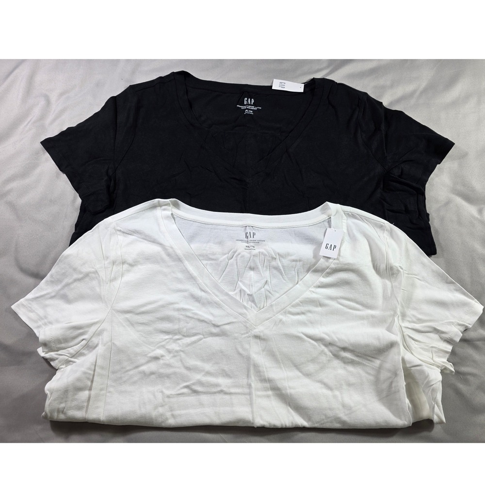 Gap V-Neck T-Shirt 2 Pack Bundle Women XXL Black White Organic Cotton NEW